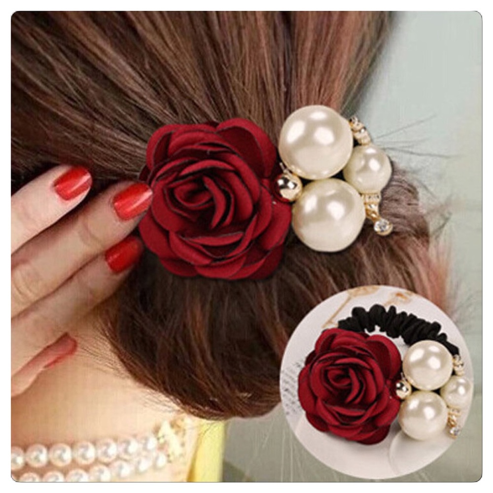 Red Rose and Pearl Ponytail Holder